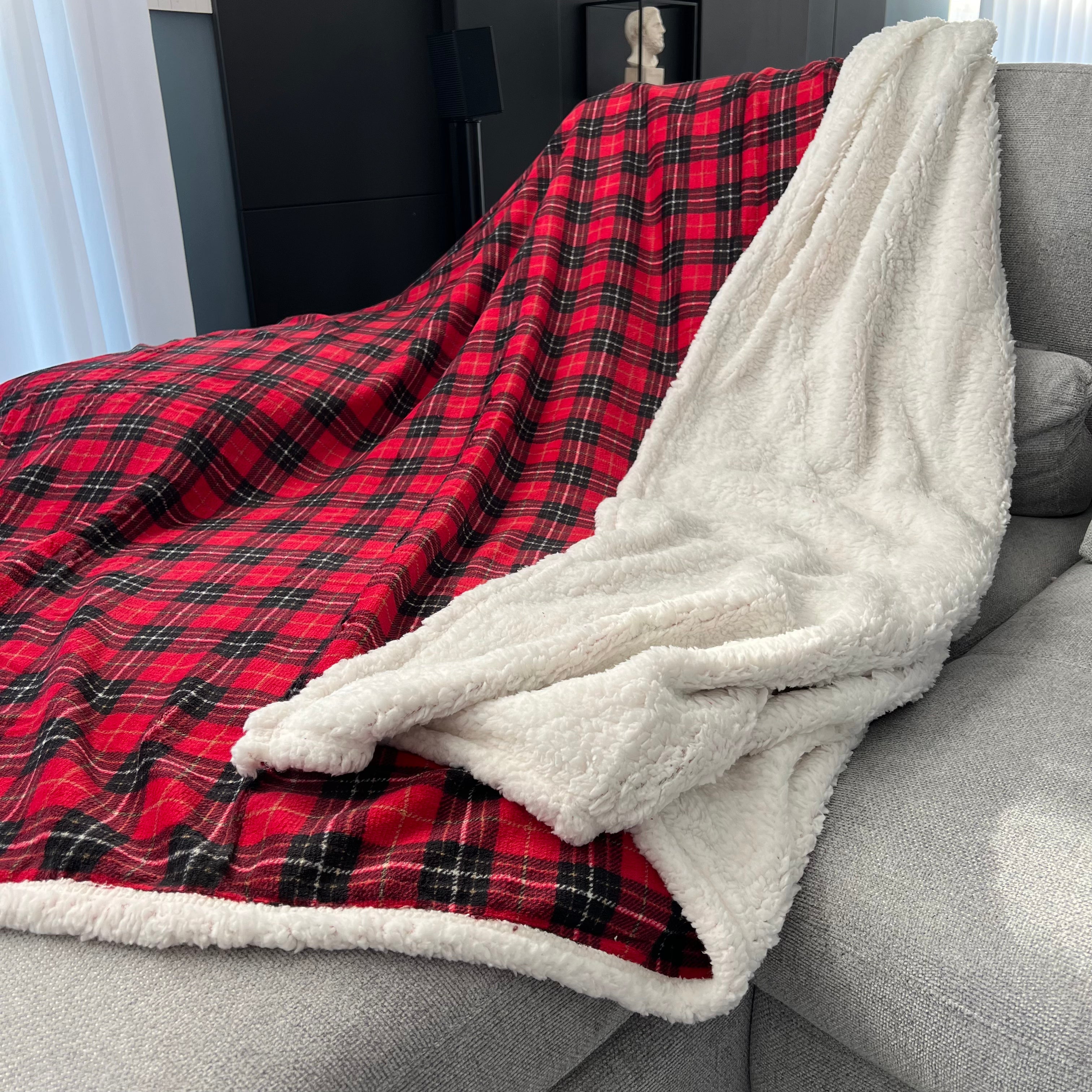 Plaid Spiga con pelliccia sherpa 190x210 cm - Dis. Scozzese Rosso