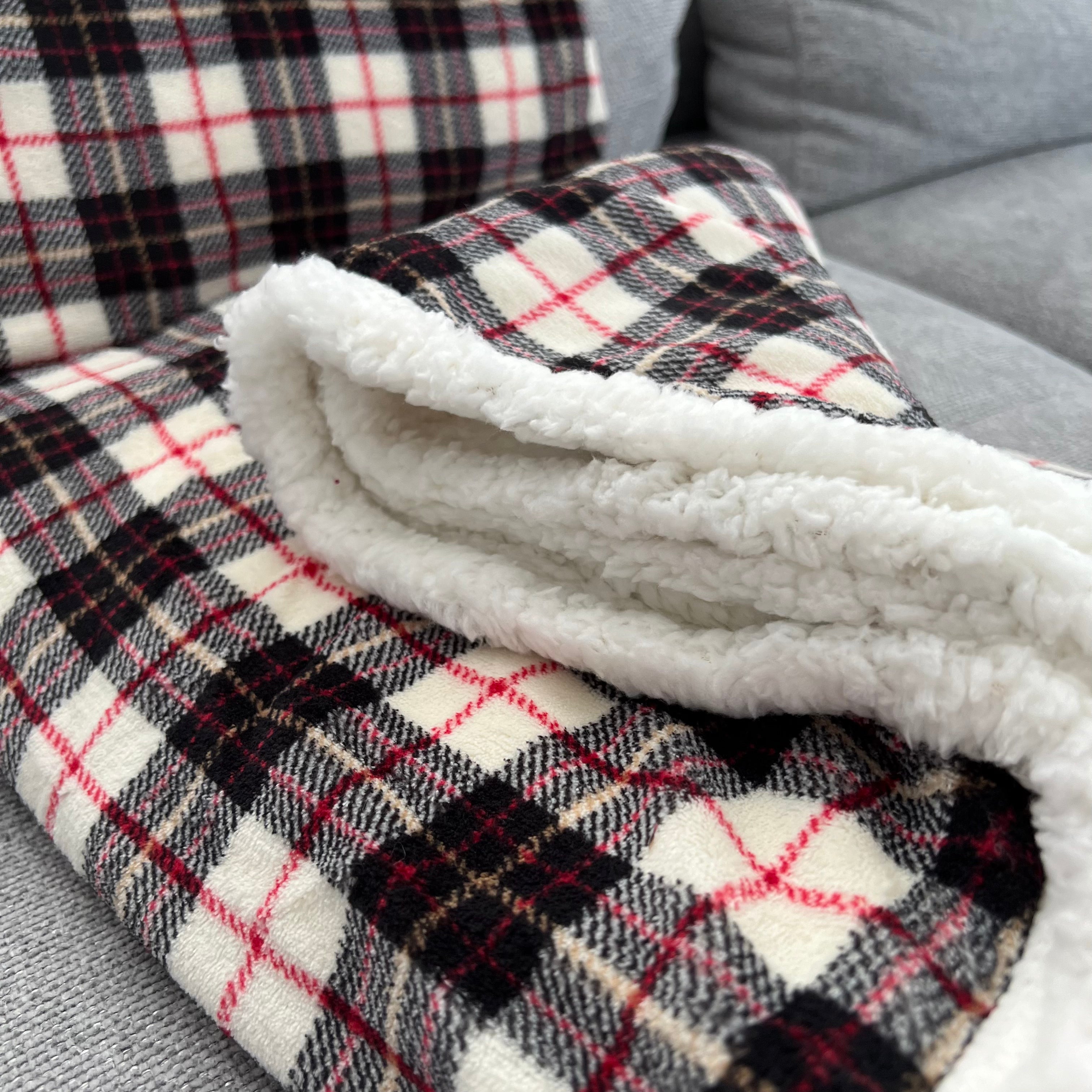 Plaid Spiga con pelliccia sherpa 190x210 cm - Dis. Scozzese Bianco