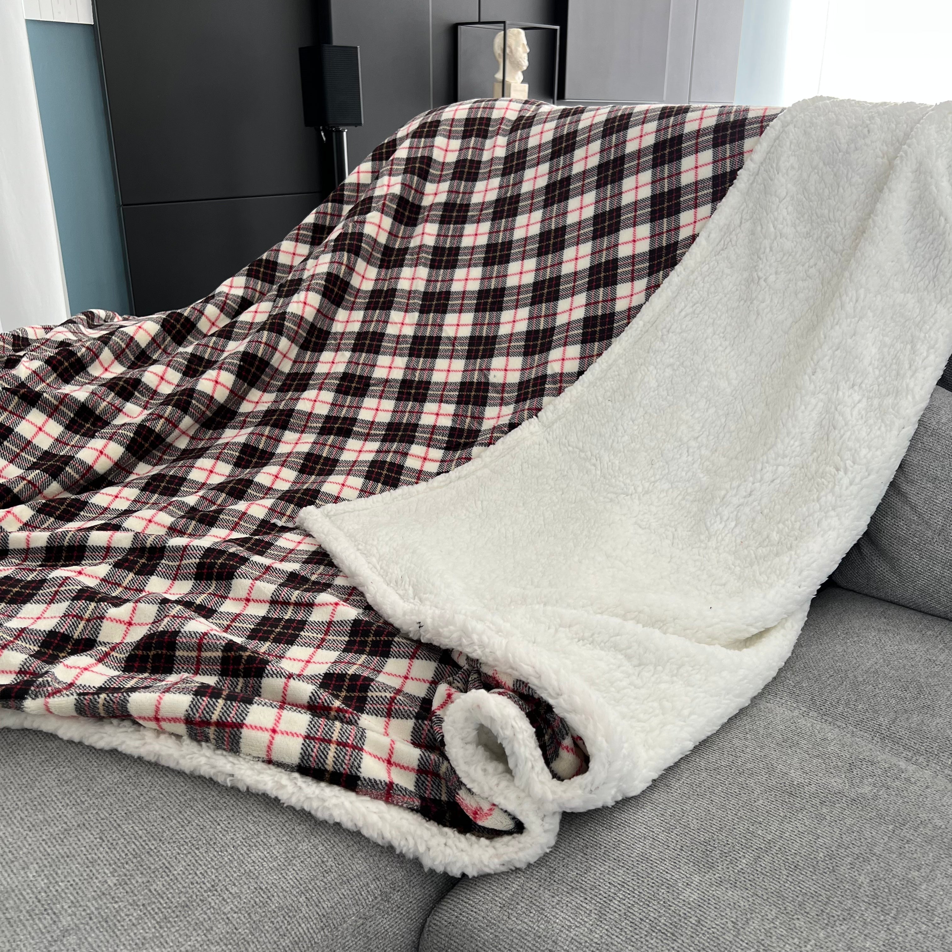 Plaid Spiga con pelliccia sherpa 190x210 cm - Dis. Scozzese Bianco
