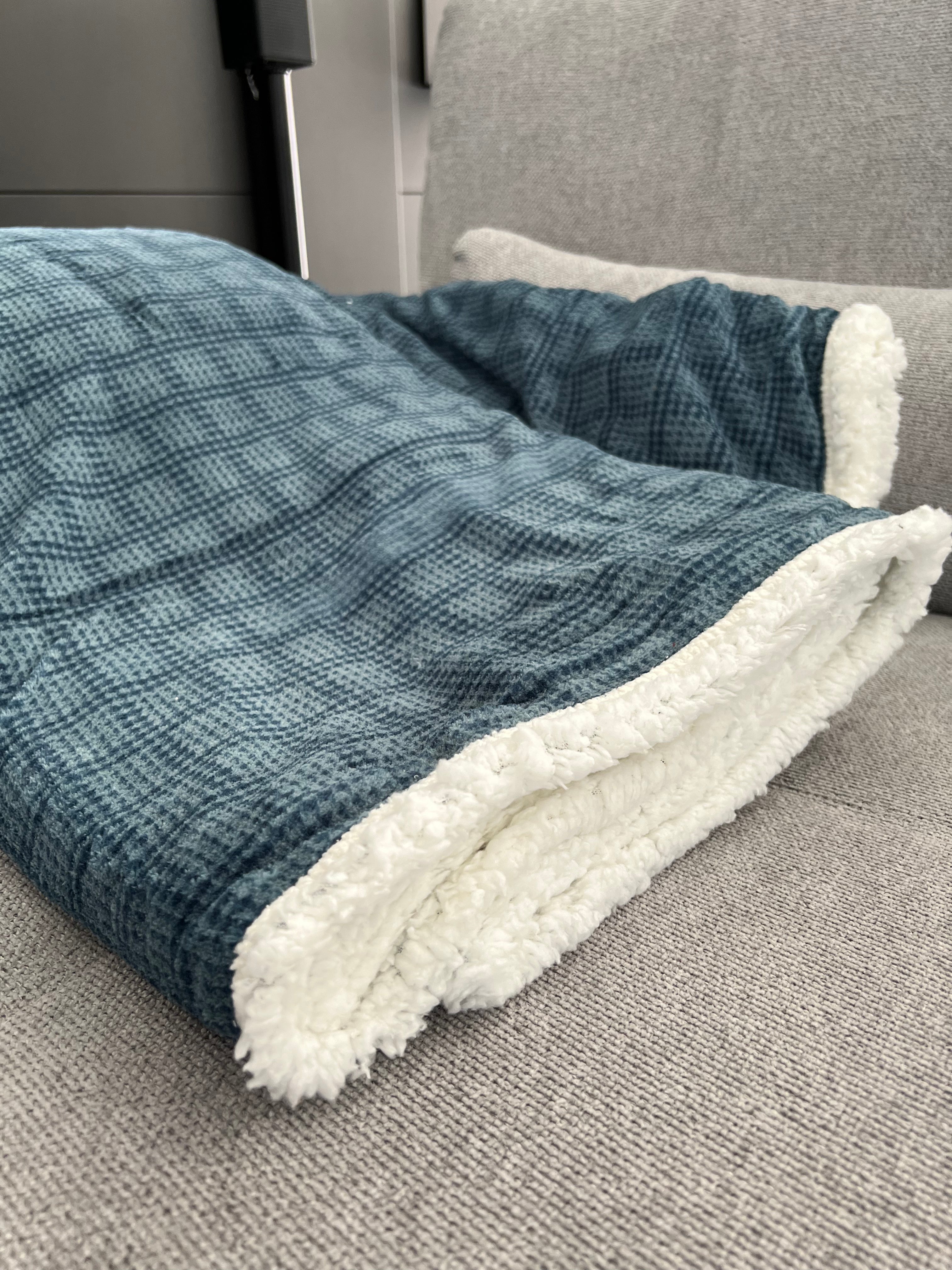 Plaid Spiga con pelliccia sherpa - Dis. Pied de poule Blu in varie misure