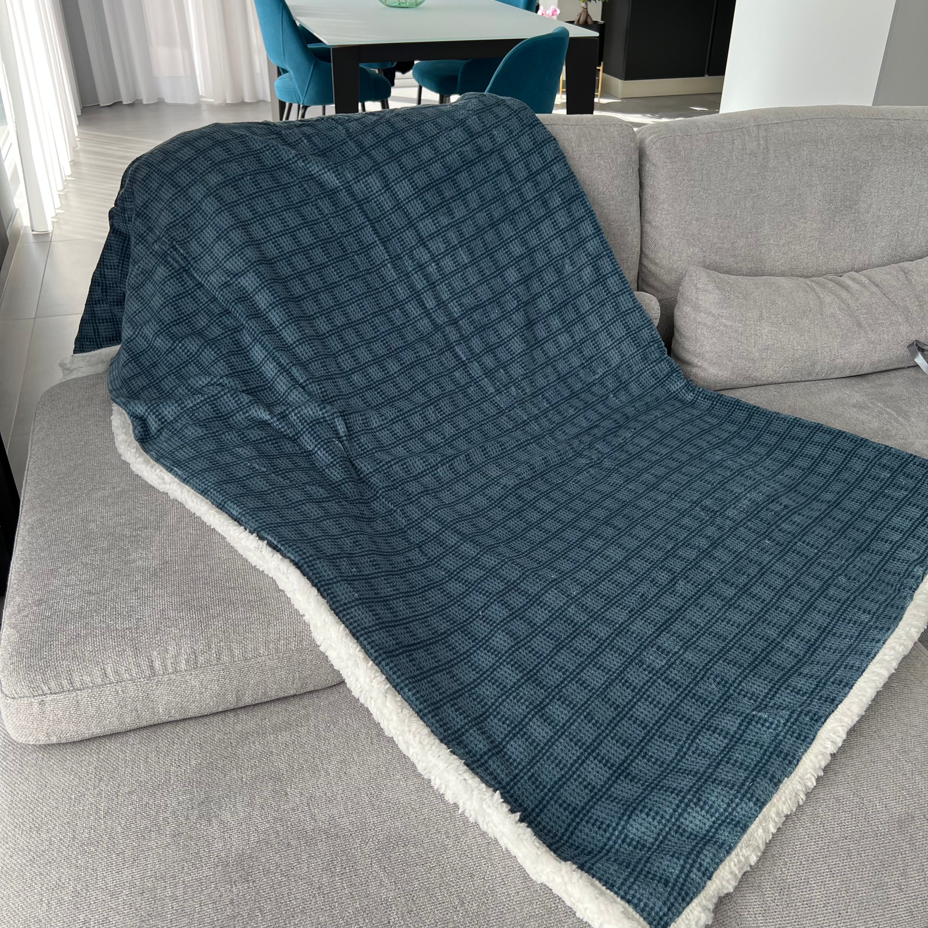 Plaid Spiga con pelliccia sherpa - Dis. Pied de poule Blu in varie misure