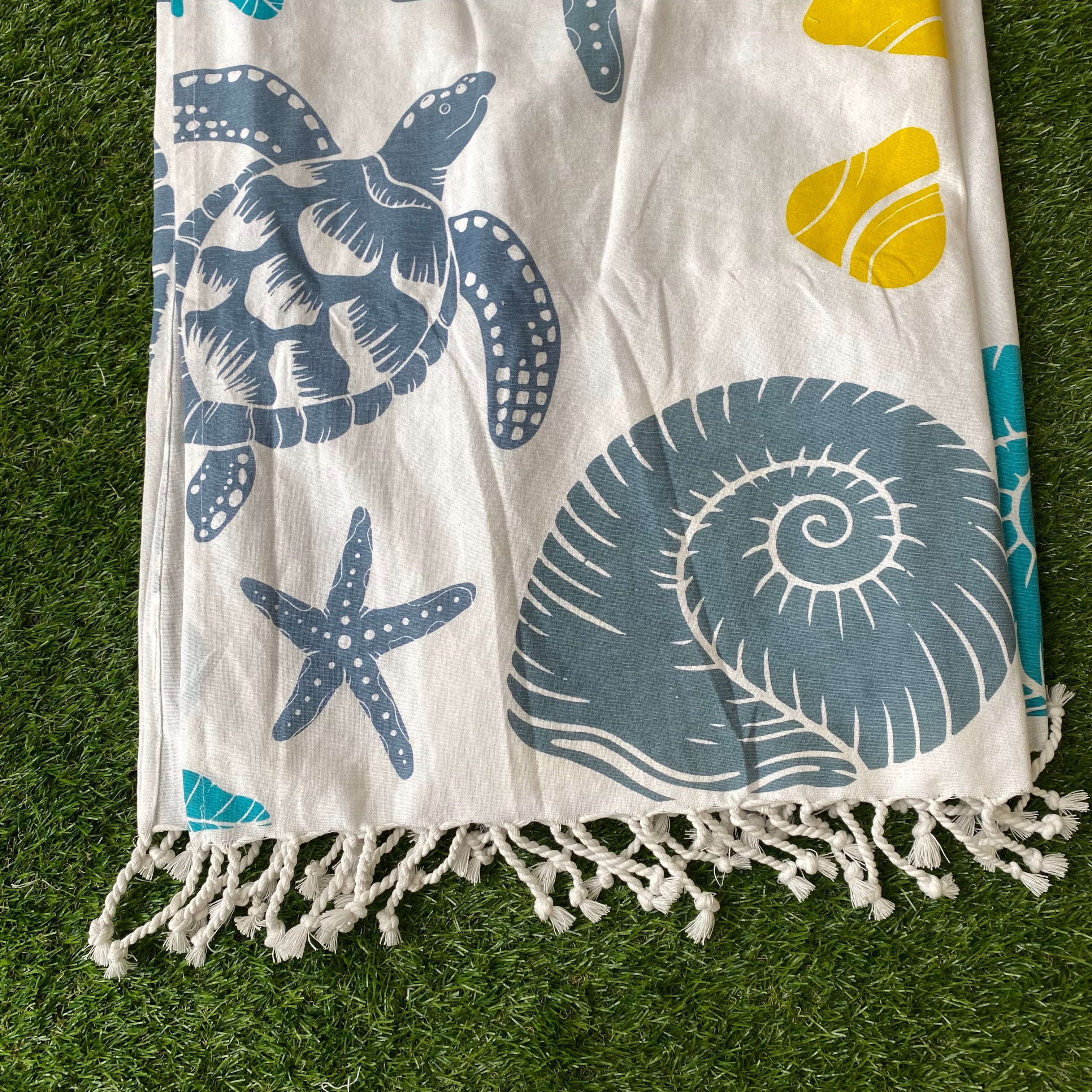 Telo Mare stampato in Fouta 100% cotone con Frange — Tartaruga