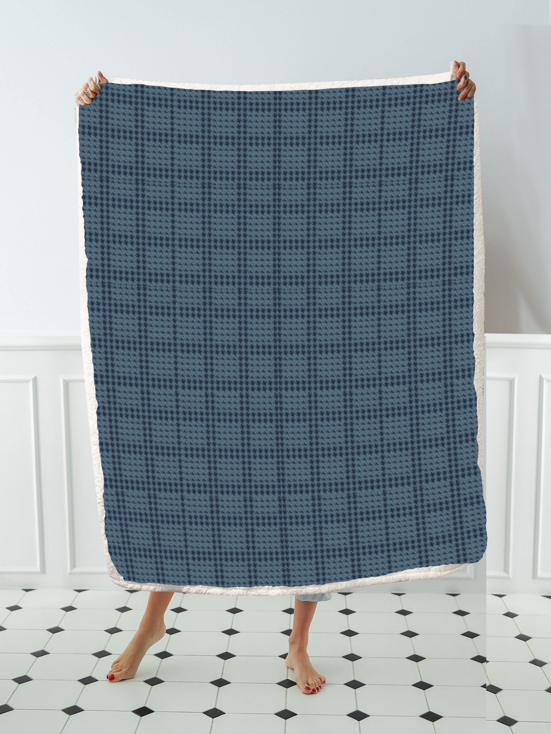 caldo plaid invernale pied de poule beige e grigio con pelliccia