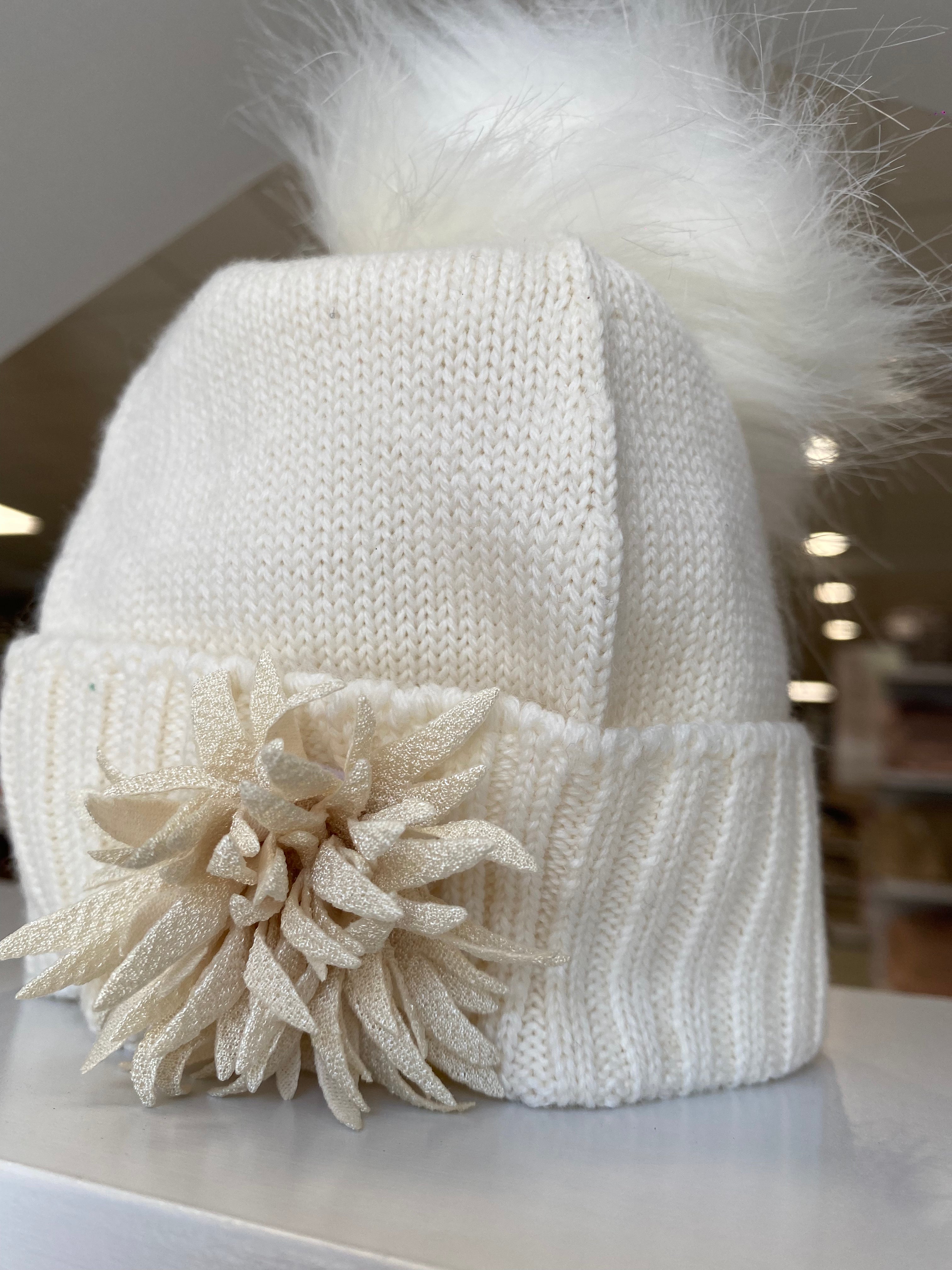 Cappellino neonato in maglia con fiore e Pompon - Panna