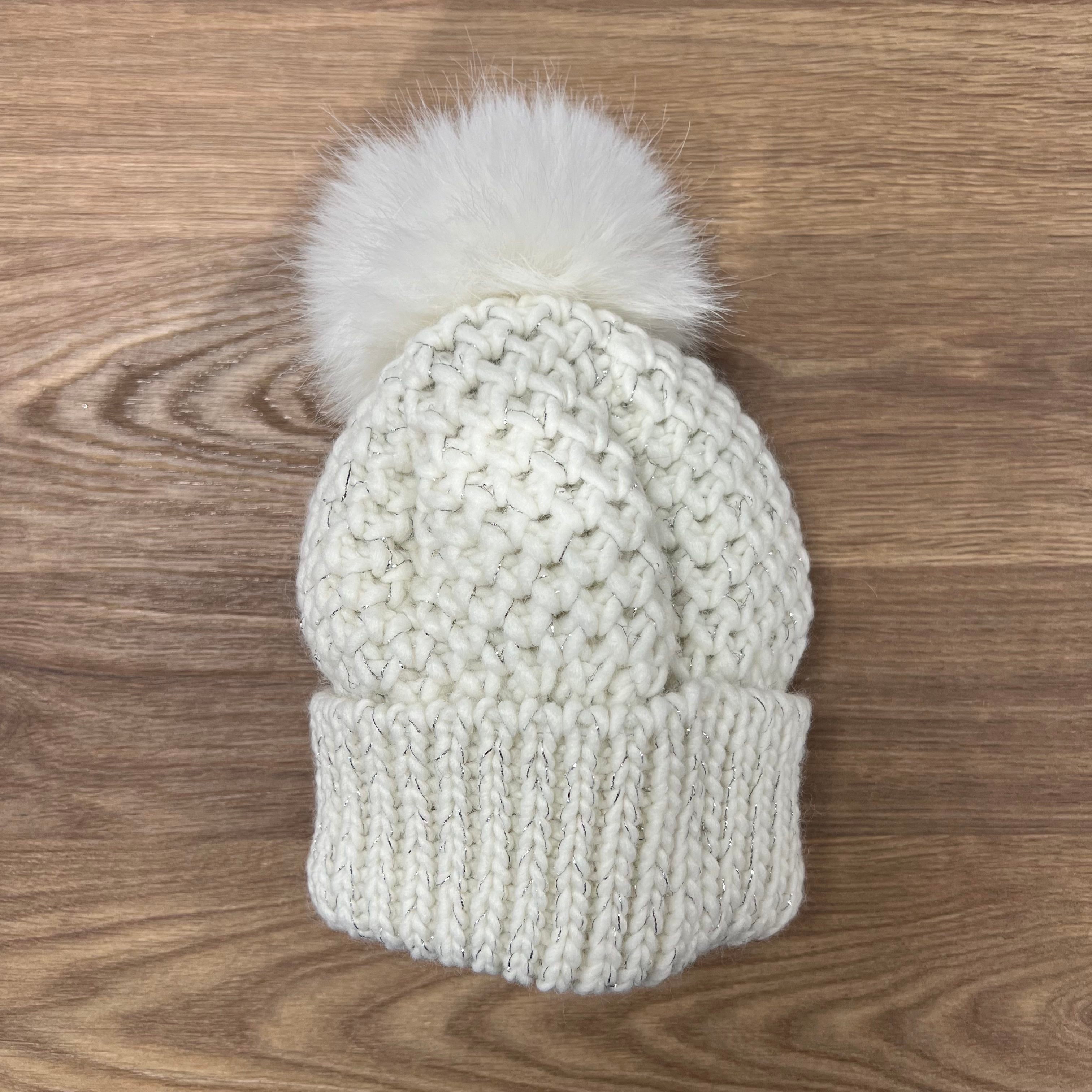 Cappellino neonato in maglia con Pompon - Panna