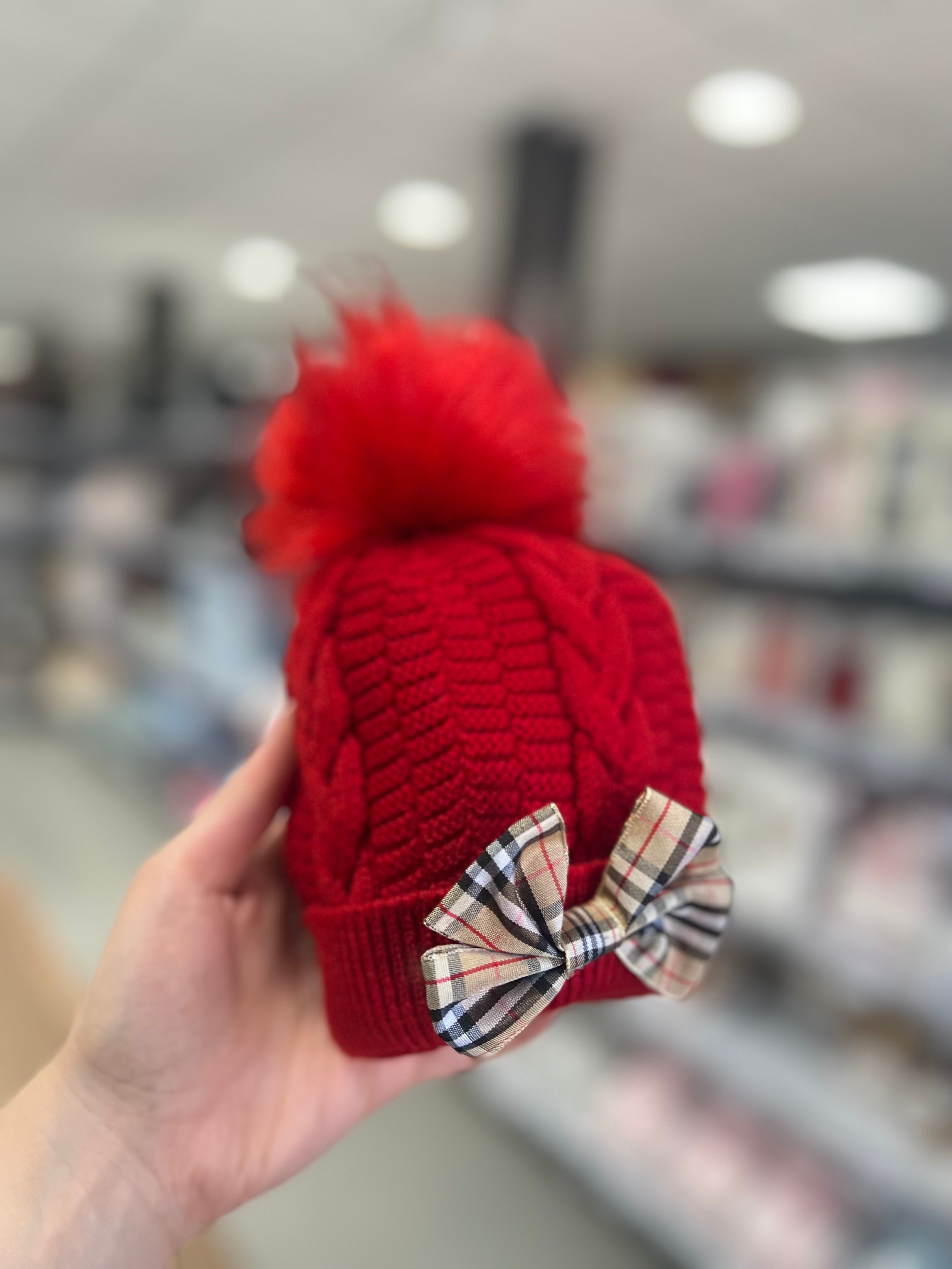Cappellino neonato in maglia con fiocco Tartan e Pompon - Rosso