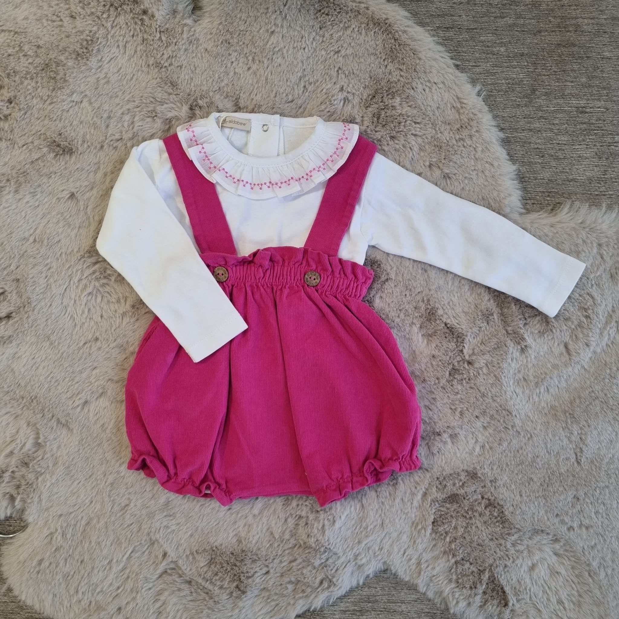 Salopette in velluto con body fucsia 3 a 9 mesi - WEDOBLE